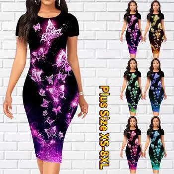 Тонкое платье длиной до колена с коротким рукавом, модное женское платье миди с 3D светящимся принтом бабочки XS розовый