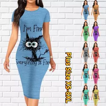 Тонкое платье длиной до колена с коротким рукавом, модное женское платье миди с 3D принтом жареного кота XS синий
