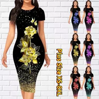 Тонкое платье длиной до колена с коротким рукавом, модное женское платье миди с 3D красивым цветочным принтом