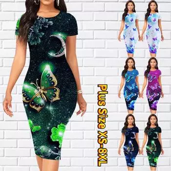 Тонкое платье длиной до колена с коротким рукавом, модное женское платье миди с 3D принтом цветов и бабочек XS светло-синий