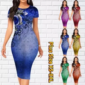 Тонкое платье длиной до колена с коротким рукавом, модное женское платье миди с 3D-принтом розы XS фиолетовый