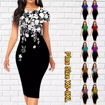 Тонкое платье длиной до колена с коротким рукавом, модное женское платье миди с 3D полноцветным цветочным принтом 7XL синий