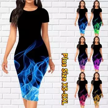 Тонкое платье длиной до колена с коротким рукавом, модное женское платье миди с 3D принтом пламени XS синий