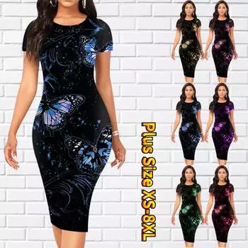 Тонкое платье длиной до колена с коротким рукавом, модное женское платье миди с 3D светящимся принтом бабочки XS жёлтый