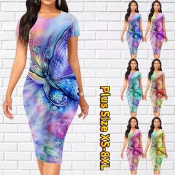 Тонкое платье длиной до колена с коротким рукавом, модное женское платье миди с 3D принтом бабочки XS синий