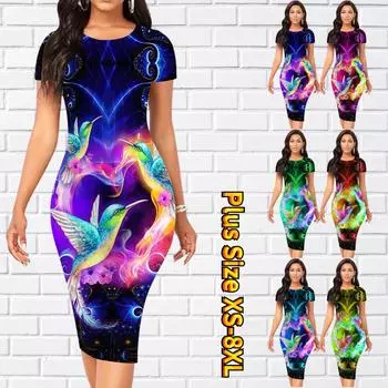 Тонкое платье длиной до колена с коротким рукавом, модное женское платье миди с 3D красочным принтом птиц XS синий