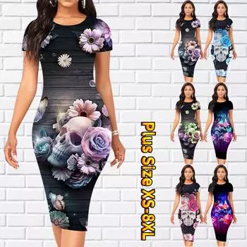 Тонкое платье длиной до колена с коротким рукавом, модное женское платье миди с 3D принтом скелета и розы XS розовый