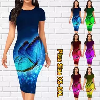 Тонкое платье длиной до колена с коротким рукавом, модное женское платье миди с 3D красочным принтом бабочки XS синий
