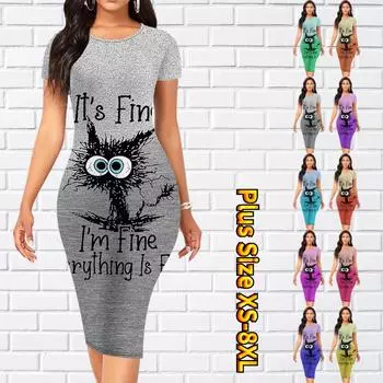 Тонкое платье длиной до колена с коротким рукавом, модное женское платье миди с 3D принтом грустного котенка XS зелёный