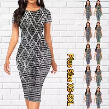 Тонкое платье длиной до колена с коротким рукавом, модное женское платье Midi 3D в форме ромба с ромбовидным принтом 7XL чёрный
