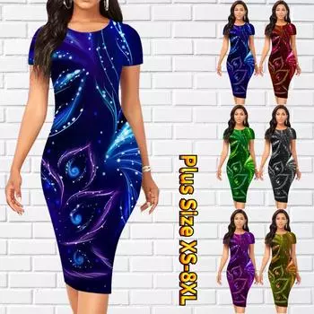 Тонкое платье длиной до колена с коротким рукавом, модное женское платье миди 3D, зеленое, легкое, с принтом перьев XS синий