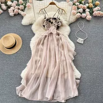 Тонкое платье феи с принтом богини темперамента и вышивкой на талии высокого качества с ощущением холодного ветра