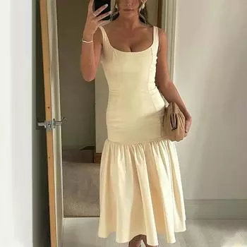 Тонкое платье макси с рюшами в стиле пэчворк Femme Летние длинные платья без рукавов с открытой спиной и высокой талией Отпуск Повседневная вечеринка Bodycon Элегантное вечернее платье для женщин XS красный