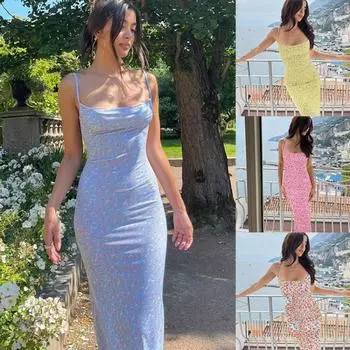 Тонкое сексуальное платье без рукавов с цветочным принтом и открытой спиной, женская элегантная уличная праздничная одежда в сдержанном стиле S жёлтый