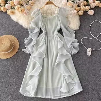 Тонкое шикарное потрясающее платье с квадратным вырезом и длинными рукавами на талии «Холодный ветер»