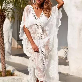 Тонкое солнцезащитное платье с v-образным вырезом и половиной рукавом, прозрачное кружевное бикини с вышивкой, пляжная одежда белый