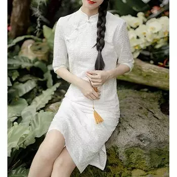 Тонкое женское платье Cheongsam с воротником-стойкой в китайском стиле и жаккардовым цветочным узором