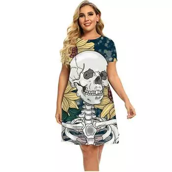 Тонкое женское платье с коротким рукавом и черепом, цифровой 3D принт, модная женская одежда с v-образным вырезом, летняя пикантная однотонная повседневная одежда трапециевидной формы 5XL