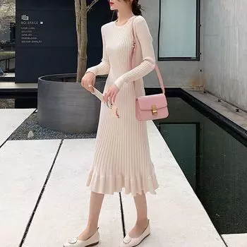 Тонкое женское платье-свитер, сексуальный черный трикотаж, эластичные длинные платья русалки, зимний корейский халат, винтажная модная женская одежда S бежевый