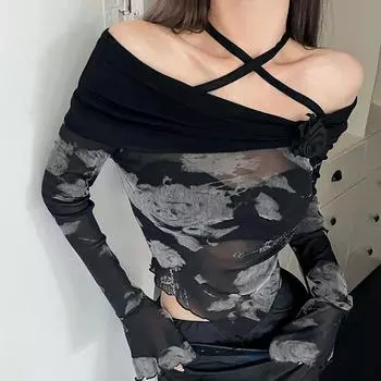 Tonngirls Ретро Tie Dye Сетчатые топы с расклешенными рукавами на шнуровке Футболка женская Y2k Винтажные укороченные топы Уличная одежда Японский топ 2000-х годов E Girls Top S чёрный