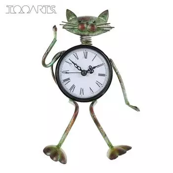 Tooarts Часы с котом ручной работы Винтажная металлическая железная фигурка кота Немые настольные часы Практичные часы