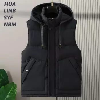 Tooling cotton vest men s autumn and winter warm thickened new versatile hooded vest jacket green vest men s vest S чёрный