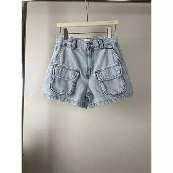 Tooling Style Flap Pocket High Waist Retro Denim Shorts Retro water washing light blue 26