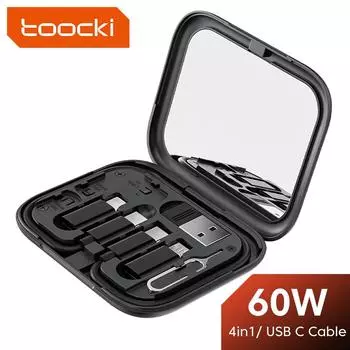 Tooocki 4 в 1 кабель USB C к USB C PD 60 Вт, шнур для быстрой зарядки данных для iPhone, Xiaomi, микрокабель типа C с держателем, ящик для хранения 4 in 1 чёрный