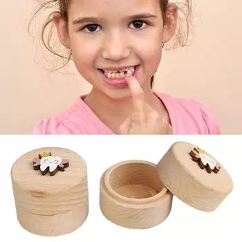 Tooth Wooden Box Tooth Container Box Baby Teeth Keepsake Box Wooden Cartoon Round Container for Boys Girls Tooth for Birthday