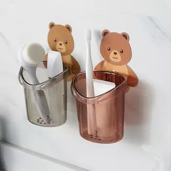 Toothbrush Holder Cute Bear Hug Storage Cup Wall Mounted Drain Toothpaste Holder No Punch Wash Cup Bathroom Toilet Storage Cup светло-серый