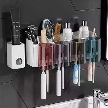Toothbrush Holder Punch-free Mouthwash Cup Holder Non-trace Bathroom Wall-mounted Toothpaste Squeezer Toothbrush Holder