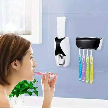 Toothbrush Holder With Automatic Toothpaste Dispenser Wall Mounted Toothbrush Storage Rack & Bathroom Toothpaste Squeezer синий