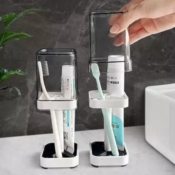 Toothbrush Holder With Cup Lid Toothpaste 3-space Bathroom Toothbrush Storage Rack Bathroom Toothpaste Countertop Organizers New