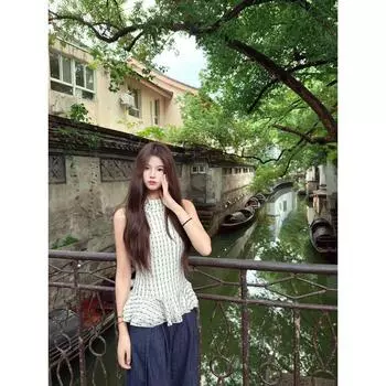 Tootoo French Style Gingham Vest Tops Women s Summer Classic Style Sleeveless round Neck Temperament Waist-Controlled Slimming T-shirt White Gingham S