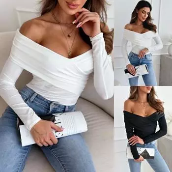 Tooxika 2024 осень и зима новые женские однотонные топы сексуальные облегающие футболки с открытыми плечами и длинными рукавами L