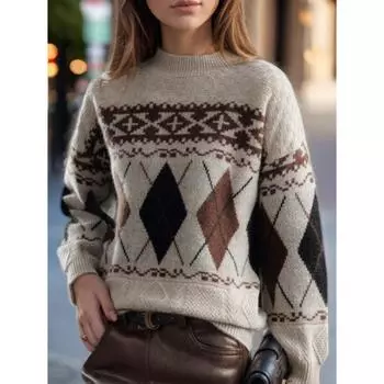 Tooxika 2024 осень и зима новый круглый вырез ретро ромбовидный вязаный свитер контрастного цвета жаккардовый пуловер свитер для женщин L чёрный
