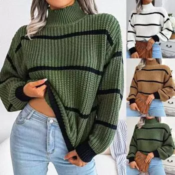 Tooxika 2024 осень и зима новый повседневный полосатый свитер-пуловер с рукавами-фонариками и полувысоким воротником L зелёный