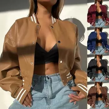 Tooxika 2024 осень и зима ветрозащитная кожаная куртка верхняя женская бейсбольная куртка модная с длинным рукавом мотоциклетная куртка из искусственной кожи L чёрный