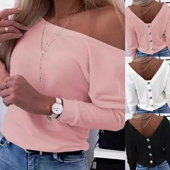 Tooxika 2024 Осень Новая мода спина металлическая отделка пуговицами повседневная футболка с длинными рукавами L чёрный