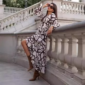 Tooxika 2024 Осень Новое Платье с V-образным вырезом и разрезом, асимметричным крупным принтом L абрикосовый
