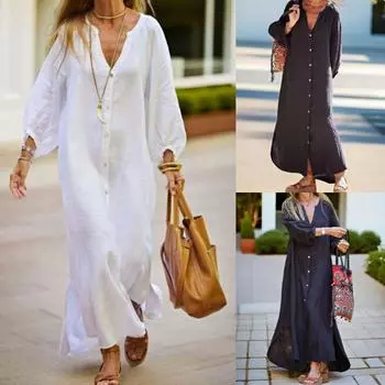 Tooxika 2024 Осень Новое повседневное свободное платье-рубашка с V-образным вырезом большого размера с длинными рукавами из хлопка и льна L