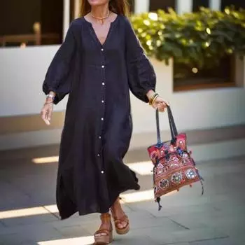 Tooxika 2025 Autumn New Casual Loose V-neck Shirt Dress Large Size Long-sleeved Cotton And Linen Dress XL