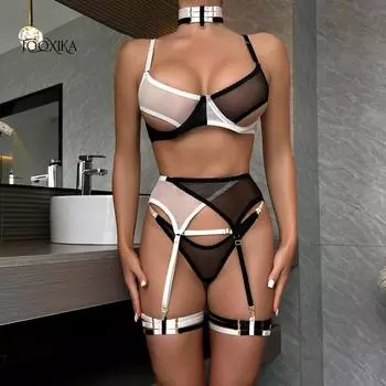 Tooxika Эротическое белье Высокое качество Новый черно-белый контраст цвета Тонкая эластичная сетка Перспективное забавное нижнее белье Комплект из трех предметов