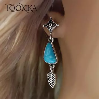 Tooxika Креативные изогнутые треугольные бирюзовые серьги-перья в форме листьев Этнические ретро-украшения