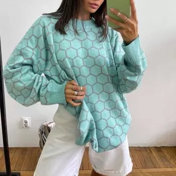 Tooxika Круглый вырез с принтом в виде сот Осень и зима Свободный универсальный свитер в клетку для женщин L