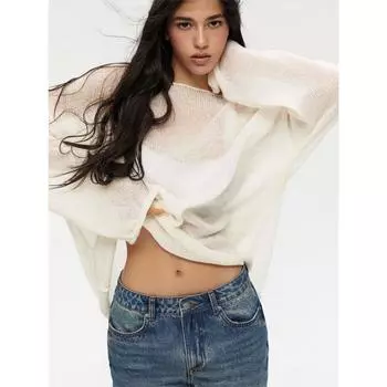 Tooxika Ladies Новый прозрачный тонкий круглый вырез с рукавами-трубами, ажурный трикотажный свитер L чёрный