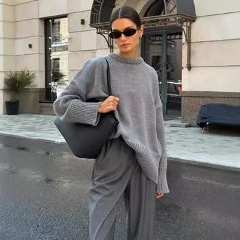 Tooxika Ladies Осень и зима Новый однотонный универсальный повседневный ленивый пуловер вязаный свитер с круглым вырезом L чёрный