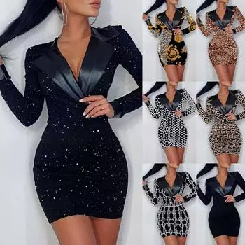 Tooxika Лидер продаж Костюм воротник PU кожаный сшитый принт Slim Fit Длинный рукав платье L