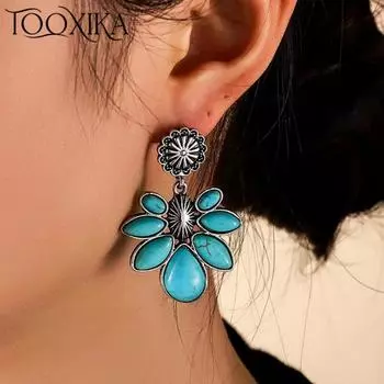 Tooxika Литературные ретро-богемные серьги в виде цветка и капли воды бирюзового цвета Классические женские серьги