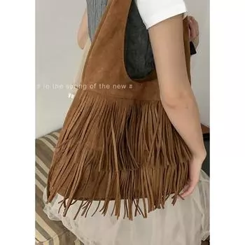 Tooxika Maillard Style Осенняя сумка с кисточками Женская сумка Новая ретро-сумка из оленьей кожи Бархатная сумка Большая вместительная сумка через плечо